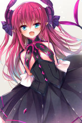 Rule 34 | 1girl, :d, arm cutout, arms behind back, black skirt, blue eyes, blush, clothing cutout, dragon horns, dragon tail, elizabeth bathory (fate), elizabeth bathory (fate/extra ccc), elizabeth bathory (first ascension) (fate), fang, fate/grand order, fate (series), hair between eyes, horns, huei nazuki, long hair, looking at viewer, open mouth, pointy ears, red hair, sidelocks, skirt, smile, solo, tail, tsurime, two side up, underboob cutout