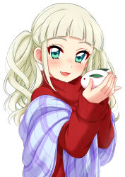Rule 34 | 1girl, :d, absurdres, aikatsu!, aikatsu! (series), blonde hair, blue eyes, blunt bangs, blush, fang, hands up, highres, long hair, long sleeves, looking at viewer, open mouth, purple scarf, red sweater, scarf, sekina, simple background, smile, solo, sweater, todo yurika, twintails, upper body, white background