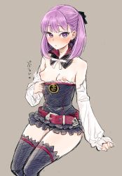 Rule 34 | 1girl, belt, blush, breasts, clothes pull, commentary request, detached collar, detached sleeves, fate/grand order, fate (series), grey background, helena blavatsky (fate), highres, looking at viewer, medium hair, mironomeo, nipples, nose blush, parted lips, purple eyes, purple hair, shirt pull, sketch, small breasts, solo, thighhighs, translation request, zettai ryouiki