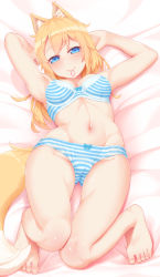 Rule 34 | 1girl, animal ear fluff, animal ears, bare arms, bare shoulders, barefoot, bed sheet, blonde hair, blue eyes, blue panties, bow, bow panties, bra, breasts, cameltoe, cleft of venus, closed mouth, feet, fox ears, fox tail, groin, highres, lying, medium breasts, mouth hold, navel, on back, original, panties, solo, striped bra, striped clothes, striped panties, tachimi (basue), tail, thigh gap, toes, underwear, underwear only