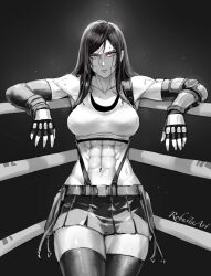 Rule 34 | 1girl, abs, boxing ring, elbow pads, final fantasy, final fantasy vii, final fantasy vii rebirth, final fantasy vii remake, fingerless gloves, frown, gloves, highres, long hair, looking at viewer, muscular, muscular female, red eyes, robusta mania, signature, skirt, solo, tank top, thighhighs, tifa lockhart, toned