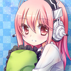 Rule 34 | 1girl, blush, headphones, long hair, looking at viewer, lowres, nitroplus, hugging object, open mouth, pillow, pillow hug, pink eyes, pink hair, shirt, silveroid, smile, solo, super sonico