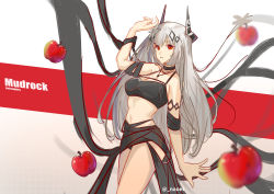 Rule 34 | 1girl, absurdres, apple, arknights, arm up, armlet, bikini, black bikini, black choker, black ribbon, breasts, character name, choker, cleavage, commentary, copyright name, cowboy shot, english commentary, food, fruit, hair ornament, highres, horns, jewelry, long hair, mixed-language commentary, mudrock (arknights), mudrock (silent night) (arknights), naoel (naoel art), navel, necklace, official alternate costume, parted lips, red background, red eyes, ribbon, silver hair, solo, stomach, swimsuit, twitter username, white background