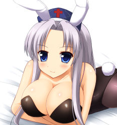 Rule 34 | 1girl, animal ears, ash (pixiv53802), blue eyes, breast hold, breasts, rabbit ears, rabbit tail, playboy bunny, cleavage, crossed arms, female focus, huge breasts, large breasts, long hair, lying, on stomach, pantyhose, silver hair, solo, tail, touhou, yagokoro eirin