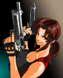 Rule 34 | 1girl, beretta 92, black lagoon, breasts, brown eyes, brown hair, cleavage, dual wielding, fingerless gloves, gloves, grin, gun, handgun, holding, holster, large breasts, lips, long hair, parted lips, pistol, ponytail, revy (black lagoon), shoulder holster, smile, smirk, solo, taut clothes, weapon, youken