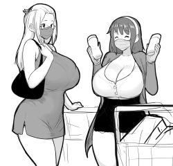 Rule 34 | 2girls, ^ ^, bag, bangs pinned back, bare shoulders, borrowed character, bralines, breasts, cleavage, closed eyes, cowboy shot, dress, erkaz, glasses, greyscale, hairband, handbag, highres, huge breasts, inne sulistya robin, long hair, looking at another, mask, monochrome, mouth mask, multiple girls, original, rina atherina, shopping cart, short dress, shorts, simple background, skirt, sleeveless, sleeveless dress, standing, surgical mask, teacher, white background