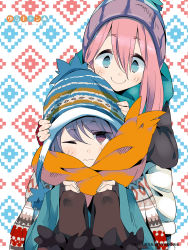 Rule 34 | 2girls, afro, beanie, black legwear, blue eyes, blue hair, closed mouth, fingerless gloves, gloves, hands on another&#039;s head, hands on own knees, hat, highres, kagamihara nadeshiko, multiple girls, official art, one eye closed, orange scarf, patterned background, pink hair, purple eyes, scarf, shima rin, sidelocks, smile, winter clothes, yurucamp