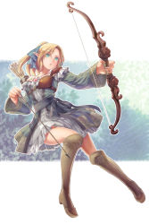 Rule 34 | 1girl, armor, arrow (projectile), bad id, bad pixiv id, blonde hair, blue eyes, boots, bow (weapon), breastplate, dress, elf, hair ribbon, highres, long hair, long sleeves, open mouth, original, pointy ears, ponytail, quiver, ribbon, sash, solo, tarou (mozukusanwakamesan), thigh boots, thighhighs, weapon