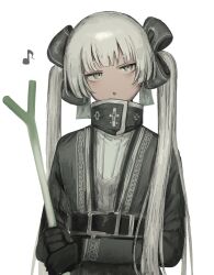 Rule 34 | 1girl, :o, absurdres, belt, belt buckle, black belt, blunt bangs, buckle, charon (project moon), dress, eighth note, eyebrows hidden by hair, food, grey dress, grey hair, high collar, highres, holding, holding food, limbus company, long hair, musical note, na-gyou (nunumaru), no nose, project moon, simple background, solo, spring onion, twintails, very long hair, white background