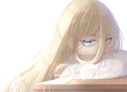 Rule 34 | 1girl, aia amare, artist name, blonde hair, blue eyes, commentary, covered mouth, english commentary, from side, glasses, hair behind ear, hair between eyes, highres, light particles, long hair, looking at viewer, nightachan, nijisanji, nijisanji en, portrait, round eyewear, solo, virtual youtuber