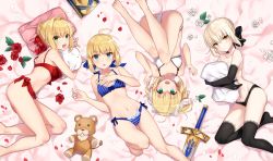 Rule 34 | 10s, 4girls, :d, ahoge, artoria pendragon (all), artoria pendragon (fate), avalon (fate/stay night), bare legs, bare shoulders, barefoot, black gloves, black panties, black thighhighs, blonde hair, blue bra, blue eyes, blue panties, bra, breasts, cleavage, collarbone, elbow gloves, excalibur (fate/stay night), fate/extra, fate/stay night, fate/unlimited codes, fate (series), flower, gloves, gluteal fold, green eyes, hair bun, hair intakes, hair ribbon, hand on own chest, hugging object, lace, lace-trimmed bra, lace-trimmed gloves, lace-trimmed legwear, lace trim, leg up, looking at viewer, lying, multiple girls, navel, nero claudius (fate), nero claudius (fate) (all), nero claudius (fate/extra), official alternate costume, on side, open mouth, panties, petals, red bra, red panties, ribbon, saber (fate), saber alter, saber lily, shirako miso, side-tie panties, single hair bun, small breasts, smile, striped bra, striped clothes, striped panties, stuffed animal, stuffed toy, sword, thighhighs, topless, underwear, underwear only, vertical-striped bra, vertical-striped clothes, weapon, white bra, white panties, yellow eyes