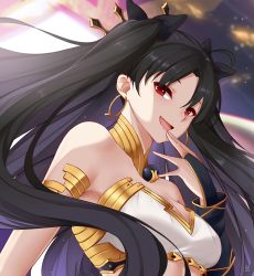 Rule 34 | 1girl, :d, azuri909, bare shoulders, black hair, black ribbon, blurry, blurry background, breasts, bridal gauntlets, cleavage, commentary, crop top, detached collar, earrings, english commentary, fang, fate/grand order, fate (series), forehead, gold trim, hair ornament, hair ribbon, hand to own mouth, hand up, highres, hoop earrings, ishtar (fate), jewelry, lips, long hair, long sleeves, looking at viewer, medium breasts, open mouth, parted bangs, red eyes, ribbon, single bridal gauntlet, skin fang, smile, solo, twintails, upper body
