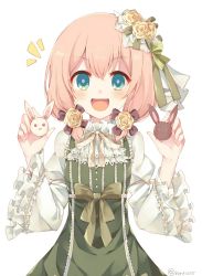 Rule 34 | 1girl, :3, ^^^, bow, dress, flower, gothic wa mahou otome, green bow, green dress, green eyes, hair flower, hair ornament, long sleeves, looking at viewer, low twintails, open mouth, pink hair, rento (rukeai), rose, short hair, smile, solo, souffle (gothic wa mahou otome), twintails, yellow flower, yellow rose