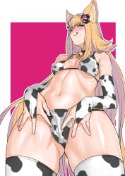 Rule 34 | 1girl, animal ears, animal print, bare shoulders, bell, bikini, blonde hair, blush, border, breasts, bridal gauntlets, cow print, crotch, detached sleeves, erune, gluteal fold, granblue fantasy, hair ornament, licking lips, long hair, looking at viewer, medium breasts, metera (granblue fantasy), mole, mole under mouth, navel, neck bell, one eye closed, pink background, purple eyes, sidelocks, smile, solo, swimsuit, thighhighs, thighs, tongue, tongue out, white bikini, white border, white thighhighs, yggsil