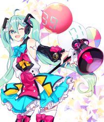 Rule 34 | 1girl, :d, absurdres, ahoge, bad id, bad pixiv id, balloon, black hair, blue bow, blue skirt, blush, bow, commentary request, dated, fingernails, green eyes, green hair, hair between eyes, hair ornament, hatsune miku, headphones, highres, long hair, looking at viewer, magical mirai (vocaloid), magical mirai miku, magical mirai miku (2018), megaphone, nekomiya noru (yuduki710), open mouth, outdoors, pink bow, pleated skirt, shirt, skirt, smile, solo, thighhighs, twintails, twitter username, very long hair, vocaloid, white shirt, yellow bow