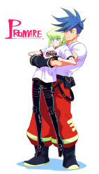 Rule 34 | 2boys, bae (baebae), black gloves, blue eyes, blue hair, boots, copyright name, galo thymos, gloves, green hair, height difference, highres, hug, hug from behind, leather, leather pants, lifting person, lio fotia, male focus, multiple boys, pants, promare, purple eyes, shirt, t-shirt, white shirt