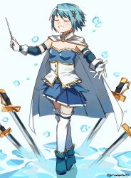 Rule 34 | 1girl, blue background, blue footwear, blue gloves, blue hair, blue skirt, boots, cape, closed eyes, commentary, elbow gloves, fortissimo, full body, gloves, graysheartart, hair ornament, highres, holding, holding wand, magical girl, mahou shoujo madoka magica, mahou shoujo madoka magica (anime), miki sayaka, musical note, musical note hair ornament, open mouth, planted, planted sword, planted weapon, short hair, skirt, smile, solo, standing, sword, teeth, thighhighs, twitter username, wand, weapon, white cape, white gloves, white thighhighs
