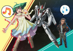 Rule 34 | 00s, 1boy, 1girl, ahoge, beard, boots, dress, facial hair, flat chest, frown, green hair, grey hair, hands on own hips, jacket, jewelry, macross, macross frontier, mecha, musical note, necklace, ozma lee, ponytail, ranka lee, red eyes, robot, scarf, shigarami kyouma, short twintails, space, sweatdrop, twintails, two-sided fabric, two-sided skirt, vf-25