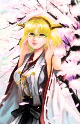 Rule 34 | 1girl, bare shoulders, blonde hair, cherry blossoms, cosplay, detached sleeves, glasses, headgear, highres, japanese clothes, kantai collection, kirishima (kancolle) (cosplay), kirishima (kancolle), maro4, mugetsu (touhou), nontraditional miko, realistic, short hair, smile, solo, touhou, touhou (pc-98), yellow eyes