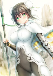 Rule 34 | 1girl, bodysuit, breasts, brown bodysuit, brown gloves, brown hair, bun cover, cape, closed mouth, commentary request, covered navel, double bun, elbow gloves, fate/grand order, fate (series), fingerless gloves, gloves, green eyes, green ribbon, groin, hair between eyes, hair bun, highres, holding, holding weapon, impossible clothes, large breasts, qin liangyu (fate), ribbon, side bun, sidelocks, smile, solo, taiki ken, weapon, white cape