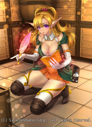 Rule 34 | 1girl, :o, arm belt, bag, bare shoulders, barrel, blonde hair, book, boots, breasts, cleavage, detached collar, elbow gloves, elf, full body, gloves, gyakushuu no fantasica, high heel boots, high heels, indoors, knee boots, kneeling, large breasts, legs, light particles, long hair, neck, off shoulder, official art, on floor, open book, open mouth, orange skirt, pen, pleated skirt, pointy ears, purple eyes, quill, reading, ryuki@maguro-ex, skirt, solo, sweat, thighhighs, tile floor, tiles, veins, veiny breasts, watermark, white gloves, white thighhighs