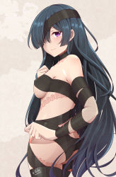 Rule 34 | 1girl, ass, bare shoulders, black hair, black ribbon, blush, breasts, butt crack, closed mouth, eyepatch, fate/grand order, fate (series), fishnets, hair over one eye, highres, long hair, looking at viewer, looking back, medium breasts, mochizuki chiyome (fate), purple eyes, ribbon, smile, snake tattoo, solo, tattoo, underboob, unlock-creed, very long hair