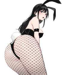 Rule 34 | 1girl, animal ears, arm strap, ass, bare shoulders, black hair, black hairband, black leotard, black pantyhose, blue eyes, blush, breasts, commentary request, cowboy shot, fake animal ears, fake tail, fishnet pantyhose, fishnets, from behind, from below, hairband, highres, large breasts, leaning forward, leotard, long hair, looking at viewer, looking back, miyabe kiwi, mole, mole under eye, open mouth, original, pantyhose, playboy bunny, rabbit ears, rabbit tail, shiny skin, sidelocks, simple background, solo, standing, strapless, strapless leotard, sweatdrop, tail, teeth, upper teeth only, white background