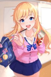 Rule 34 | 1girl, :d, bag, blonde hair, blue bow, blue bowtie, blue eyes, blue skirt, blurry, blurry background, blush, bow, bowtie, breasts, cardigan, collar, collarbone, food, highres, idolmaster, idolmaster cinderella girls, idolmaster cinderella girls starlight stage, indoors, jewelry, light particles, long hair, long sleeves, looking at viewer, loose bowtie, medium breasts, nail polish, namidako, necklace, ohtsuki yui, open mouth, pink bow, pink cardigan, pleated skirt, pocky, pocky day, red bow, school bag, school uniform, skirt, smile, solo, star (symbol), striped bow, striped bowtie, striped clothes, striped neckwear, teeth, uniform, upper teeth only, white collar