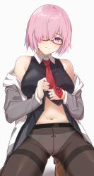 Rule 34 | 1girl, absurdres, bare shoulders, bee doushi, black pantyhose, blouse, bow, bow panties, breasts, cleavage, closed mouth, collared shirt, fate/grand order, fate (series), glasses, grey jacket, hair over one eye, highres, jacket, kneeling, large breasts, looking at viewer, mash kyrielight, navel, necktie, off shoulder, open clothes, panties, panties under pantyhose, pantyhose, pink hair, purple eyes, red necktie, shirt, short hair, sleeveless, sleeveless shirt, solo, stomach, sweat, thighband pantyhose, underwear