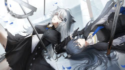 Rule 34 | 2girls, absurdres, ahoge, animal ear fluff, animal ears, arknights, belt, black coat, black dress, black gloves, black hair, black vest, blue necktie, blue shorts, closed eyes, closed mouth, coat, dress, facial mark, gloves, grey eyes, grey hair, highres, jewelry, lappland (arknights), lappland (refined horrormare) (arknights), long hair, long sleeves, looking at viewer, lying, material growth, multiple girls, necklace, necktie, official alternate costume, on back, on floor, open clothes, open coat, oripathy lesion (arknights), parted lips, petals, planted, planted sword, planted weapon, scar, scar across eye, scar on face, senkane, shorts, skull necklace, sword, tail, texas (arknights), texas the omertosa (arknights), very long hair, vest, weapon, wolf ears, wolf girl, wolf tail