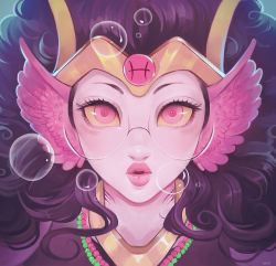 Rule 34 | 1girl, big hair, black hair, bubble, close-up, colored sclera, diadem, eyelashes, feferi peixes, fins, gills, head fins, highres, homestuck, jewelry, lips, looking at viewer, necklace, parted lips, pink eyes, pink lips, pisces (symbol), solo, wavy hair, yellow sclera, zv33