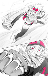 Rule 34 | 1girl, absurdres, black thighhighs, breasts, cleavage, cropped jacket, fighting stance, goggles, goggles on head, greyscale, highres, large breasts, long sleeves, medium breasts, midriff, monochrome, motion blur, motion lines, navel, niwamaru (niwarhythm), niwarhythm, original, pink eyes, pov, punching, shiny skin, short hair, short shorts, shorts, solo, thighhighs, white background
