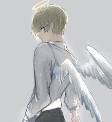 Rule 34 | 1boy, angel wings, black pants, blonde hair, blue eyes, closed mouth, commentary request, feathered wings, from behind, frown, gawako, grey background, halo, highres, long sleeves, looking at viewer, looking back, male focus, original, pants, shirt, short hair, simple background, solo, upper body, white shirt, wings