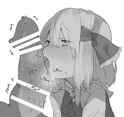 Rule 34 | 1boy, 1girl, bad id, bad pixiv id, bar censor, blush, censored, commentary request, erection, fellatio, greyscale, hair between eyes, hair ribbon, half-closed eyes, hetero, highres, kz oji, large penis, licking, licking penis, monochrome, open mouth, oral, penis, ribbon, rumia, saliva, simple background, solo focus, tongue, touhou, upper body, white background