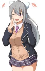 Rule 34 | +++, 1girl, ;d, absurdres, black jacket, blazer, blush, bow, breasts, brown cardigan, cardigan, collared shirt, commentary request, cowboy shot, dress shirt, grey skirt, hair between eyes, hair bow, hand to own mouth, hand up, high ponytail, highres, higuchi kaede, jacket, long hair, medium breasts, mitiru ccc2, mole, mole under eye, necktie, nijisanji, one eye closed, open clothes, open jacket, open mouth, plaid, plaid skirt, pleated skirt, ponytail, purple eyes, purple necktie, school uniform, shirt, silver hair, simple background, skirt, smile, solo, teeth, upper teeth only, very long hair, virtual youtuber, white background, white bow, white shirt