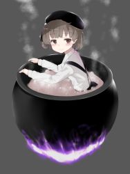 Rule 34 | 1girl, beret, black hat, black skirt, blunt bangs, blush, boiling, brown eyes, brown hair, cauldron, closed mouth, fire, from side, grey background, hat, hatoba tsugu, highres, in cauldron, in container, long sleeves, looking at viewer, looking to the side, mole, mole under eye, purple fire, rocha (aloha ro cha), shirt, short hair, simple background, skirt, smile, solo, steam, suspender skirt, suspenders, virtual youtuber, white shirt