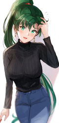 Rule 34 | 1girl, absurdres, arm up, black sweater, blush, breasts, commentary, denim, earrings, fire emblem, fire emblem: the blazing blade, green eyes, green hair, head tilt, high ponytail, highres, jeans, jewelry, lips, long hair, long sleeves, looking at viewer, lyn (fire emblem), medium breasts, nintendo, open mouth, ormille, pants, ponytail, shiny skin, simple background, smile, solo, sweater, white background