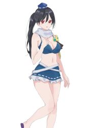 Rule 34 | 1girl, adapted costume, alternate hairstyle, armor, bikini, black hair, breasts, bright pupils, cleavage, commentary request, feet out of frame, hand up, hat, highres, iizunamaru megumu, knees together feet apart, large breasts, long hair, looking at viewer, midriff, navel, pauldrons, ponytail, red eyes, scarf, shoulder armor, single pauldron, solo, swimsuit, tohoyuukarin, tokin hat, touhou, very long hair, white pupils