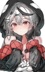 Rule 34 | 1girl, absurdres, animal hood, black gloves, black hair, black jacket, breasts, camisole, cleavage, fingerless gloves, gloves, grey hair, hair ornament, hairpin, highres, hololive, hood, jacket, large breasts, looking at viewer, medium hair, multicolored hair, orca hood, puffy cheeks, red eyes, red jacket, sakamata chloe, sakamata chloe (1st costume), solo, streaked hair, tazrn1, two-sided fabric, two-sided jacket, virtual youtuber, white background, white camisole, x hair ornament