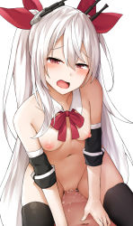 Rule 34 | 1boy, 1girl, azur lane, black thighhighs, blush, breasts, censored, cowgirl position, detached collar, detached sleeves, girl on top, hair ribbon, half-closed eyes, hetero, highres, long hair, medium breasts, mizushina minato, mosaic censoring, navel, neck ribbon, nipples, nude, open mouth, penis, pussy, red eyes, red ribbon, ribbon, sex, silver hair, simple background, solo focus, straddling, thighhighs, turret, twintails, vampire (azur lane), very long hair, white background