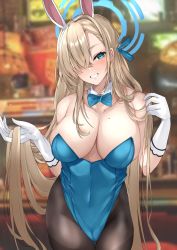 Rule 34 | 1girl, animal ears, aqua eyes, asuna (blue archive), asuna (bunny) (blue archive), black pantyhose, blue archive, blue bow, blue bowtie, blue leotard, blurry, blurry background, blush, bow, bowtie, breasts, cleavage, collarbone, commentary request, covered navel, cowboy shot, detached collar, elbow gloves, fake animal ears, gloves, hair ornament, hair over one eye, hairband, halo, highleg, highleg leotard, highres, large breasts, leotard, light brown hair, long hair, looking at viewer, mole, mole on breast, mutou mame, official alternate costume, one eye covered, pantyhose, parted lips, playboy bunny, rabbit ears, revision, smile, solo, traditional bowtie, white gloves, white hairband