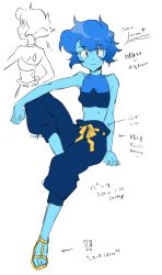 Rule 34 | 1girl, absurdres, alternate costume, arm support, blue eyes, blue hair, blue pants, blue skin, colored skin, commentary request, gem, halterneck, halterneck, highres, knee up, lapis lazuli (steven universe), looking at viewer, midriff, nano8, pants, sandals, short hair, simple background, sitting, sketch, sleeveless, smile, solo, spoilers, steven universe, white background