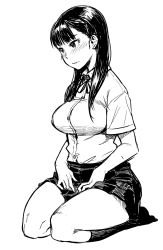Rule 34 | 1girl, breasts, dress shirt, greyscale, hair ornament, hairclip, highres, kneehighs, large breasts, long hair, monochrome, pleated skirt, school uniform, seiza, shirt, sitting, sketch, skirt, socks, solo, tachibana roku, thick thighs, thighs, wide hips