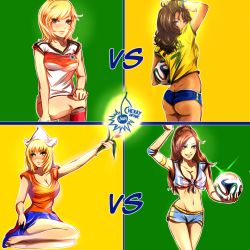 Rule 34 | 2014 fifa world cup, 4girls, argentina, ass, barefoot, blonde hair, blush, brazil, brazuca, breasts, brown eyes, brown hair, cherry in the sun, cleavage, crop top, dark skin, dark-skinned female, flower, front-tie top, germany, green eyes, looking at viewer, midriff, miniskirt, multiple girls, navel, netherlands, parted lips, shirt, short shorts, shorts, skirt, smile, soccer, soccer uniform, sportswear, third-party edit, tied shirt, world cup