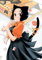 Rule 34 | 1girl, absurdres, animal ears, black hair, cat ears, cat tail, eating, food, highres, ootsuka mahiro, paw print, ribbon, short hair, solo, sweets, tail, tail ornament, tail ribbon