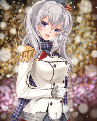 Rule 34 | 10s, 1girl, :d, anchor, belt, beret, black hat, blue scarf, blurry, blurry background, blush, bow, breasts, breath, buttons, coat, cowboy shot, double-breasted, epaulettes, eyebrows, frilled sleeves, frills, gloves, grey skirt, hair between eyes, hand on own stomach, hat, hat bow, head tilt, hobenkei, kantai collection, kashima (kancolle), kerchief, large breasts, light, long hair, long sleeves, looking at viewer, military, military uniform, open mouth, pale skin, plaid, plaid scarf, pleated skirt, purple eyes, red ribbon, ribbon, round teeth, scarf, short twintails, silver hair, skirt, smile, snow, snowing, solo, standing, teeth, twintails, uniform, upper body, wavy hair, white coat, white gloves