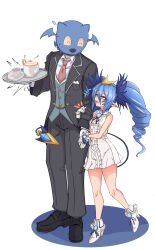 Rule 34 | +++, 1boy, 1girl, arm hug, black footwear, black jacket, blazer, blue hair, blue ribbon, blush, bombergirl, breasts, brown necktie, buttons, center frills, commentary request, cup, demon tail, dress, drill hair, formal, frills, full body, gloves, grey pants, grey vest, hair between eyes, height difference, high heels, highres, jacket, lewisia aquablue, long bangs, long hair, looking at another, neck ribbon, necktie, open mouth, pants, pointy ears, ribbon, saucer, shiro beer, shoes, short dress, simple background, sleeveless, sleeveless dress, small breasts, smile, spoon, standing, suit, tail, teacup, teapot, tray, twin drills, vest, white background, white dress, white footwear, white gloves, yellow eyes