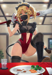 Rule 34 | 1girl, alternate costume, anger vein, animal ears, black gloves, black thighhighs, blonde hair, boots, braid, breasts, broccoli, carrot, cat ears, center opening, clarent (fate), cleavage, collar, crop top, cross-laced footwear, cup, fake animal ears, fate/apocrypha, fate (series), food, french braid, frills, gloves, green eyes, hair ornament, hair scrunchie, highres, jewelry, lace-up boots, leotard, long hair, looking at viewer, mask, mordred (fate), mordred (fate/apocrypha), mouth mask, navel, parted bangs, plate, ponytail, puffy short sleeves, puffy sleeves, red leotard, scrunchie, shaded face, shoe soles, short sleeves, sidelocks, small breasts, solo, sword, table, thighhighs, tonee, vegetable, weapon