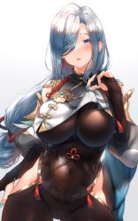 Rule 34 | 1girl, blue eyes, blush, bodysuit, breasts, commentary request, covered navel, cowboy shot, detached sleeves, earrings, gem, genshin impact, gradient background, hair over eyes, hechi (hechi322), highres, jewelry, large breasts, long bangs, long hair, looking at viewer, medal, open mouth, shenhe (genshin impact), shirt, silver hair, simple background, solo, standing, white shirt, wide hips