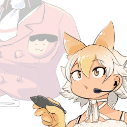 Rule 34 | animal ears, coyote (kemono friends), gloves, highres, island fox (kemono friends), kemono friends, kemono friends v project, mcgunngu, necktie, shirt, simple background, skirt, tail, virtual youtuber